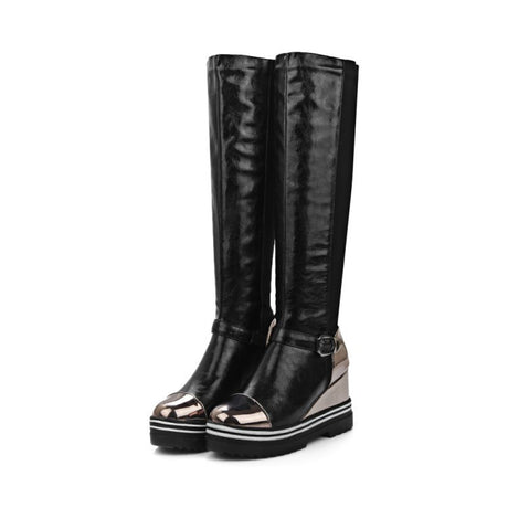 High-top Patent Leather One-step High-heeled Wedge-heeled Plus Size Women's Boots - Dazpy