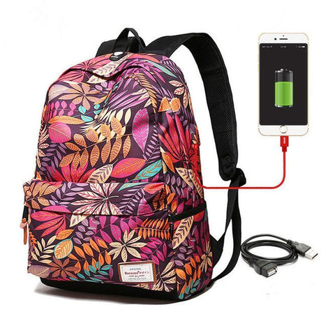 Tropical Print Backpack W USB Charging Port - Dazpy