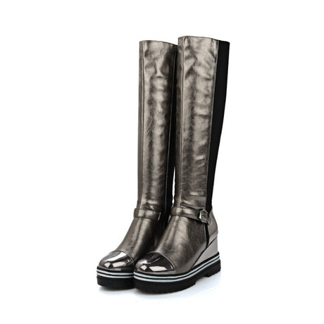 High-top Patent Leather One-step High-heeled Wedge-heeled Plus Size Women's Boots - Dazpy