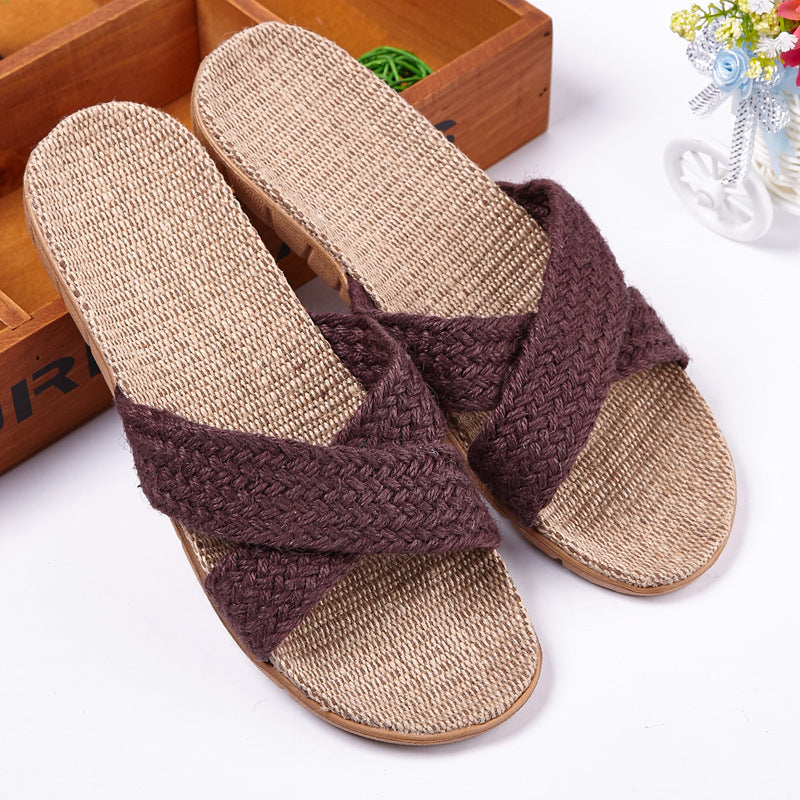 Linen slippers men's couple casual indoor floor sandals and slippers autumn and winter home non-slip slippers - Dazpy