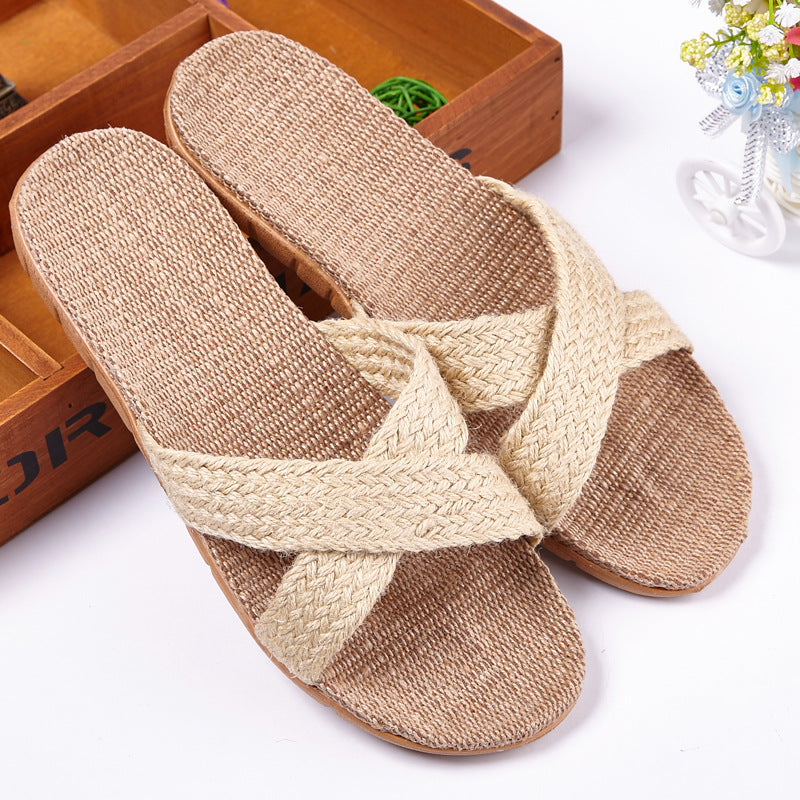 Linen slippers men's couple casual indoor floor sandals and slippers autumn and winter home non-slip slippers - Dazpy