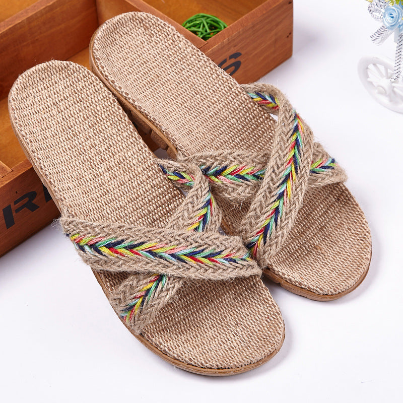 Linen slippers men's couple casual indoor floor sandals and slippers autumn and winter home non-slip slippers - Dazpy