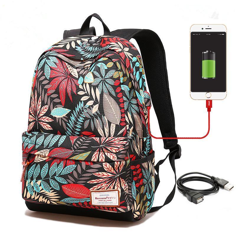 Tropical Print Backpack W USB Charging Port - Dazpy