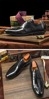 Three-joint Leather Shoes, Round Toe Lace-up Leather, British Business Dress Shoes - Dazpy