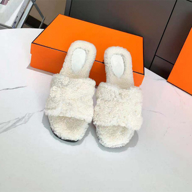 Flip-flops Sheepskin And Wool One-piece Flat-bottomed Slippers - Dazpy