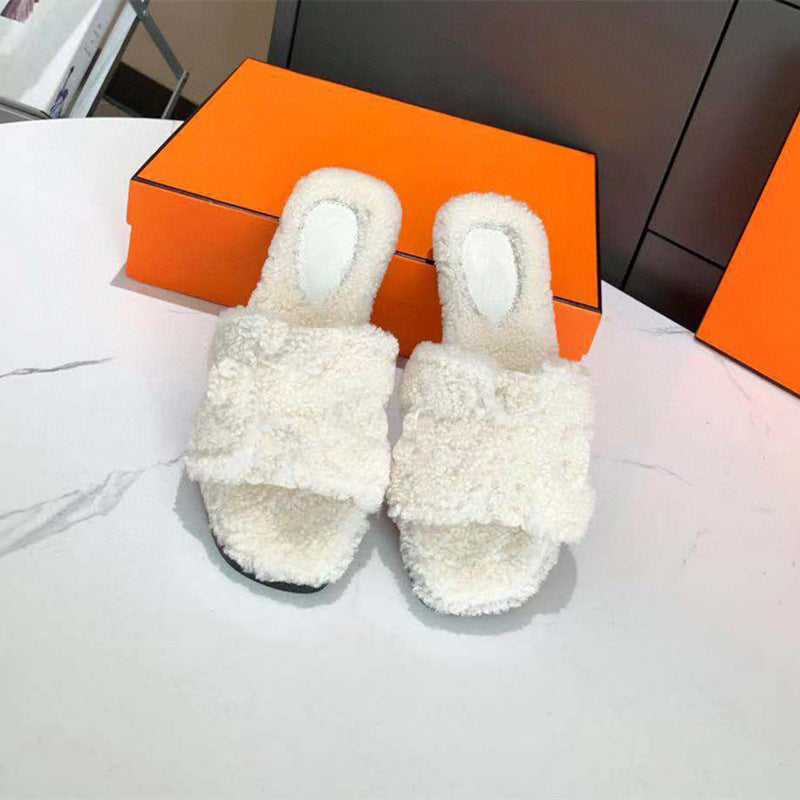 Flip-flops Sheepskin And Wool One-piece Flat-bottomed Slippers - Dazpy