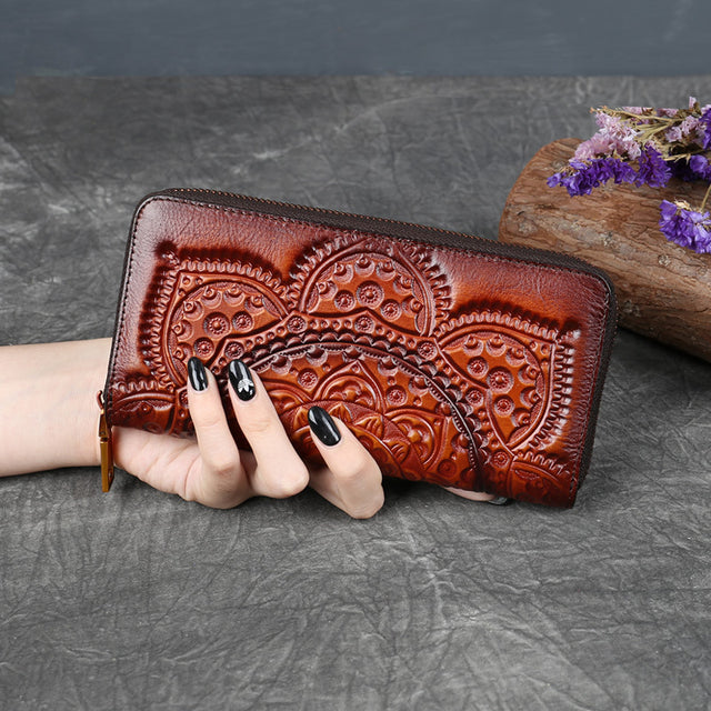 Ladies Leather Embossed Long Clutch Wallet - Dazpy