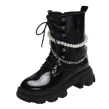 Fashion Women's Pearl Chain Platform Ankle Boots - Dazpy