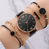 Women's Luxury Leather Band Quartz Watch Set 5 Pcs - Dazpy