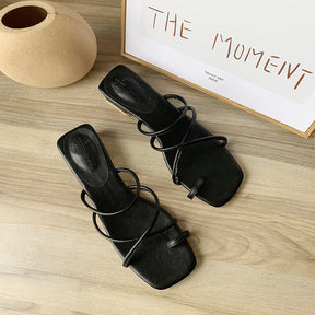 Square head thin belt thick heel slippers