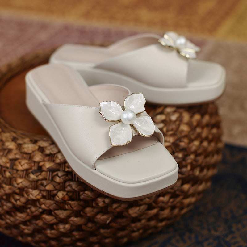 Summer Square Toe Mid-heel Sandals Thick-soled Three-dimensional Flower Women's Shoes - Dazpy