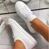 New Women's Shoes Round Toe Lace-Up Flat-bottomed Large Size Solid Color Breathable Shoes - Dazpy