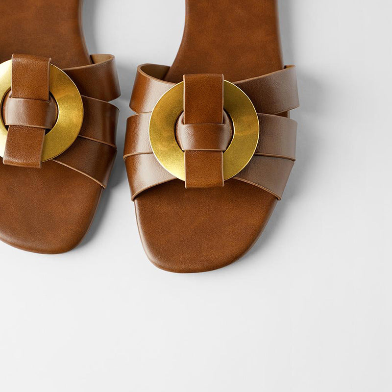 Cow leather sandals and slippers with square toe metal buckle - Dazpy