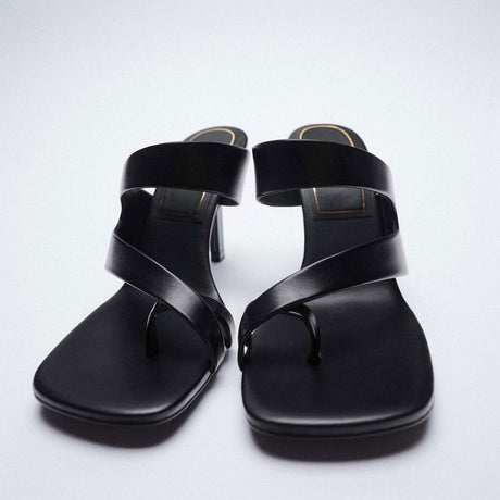 Women's Shoes Black Wild Asymmetric Belt Decorated High-heeled Sheep Leather Sandals And Slippers - Dazpy