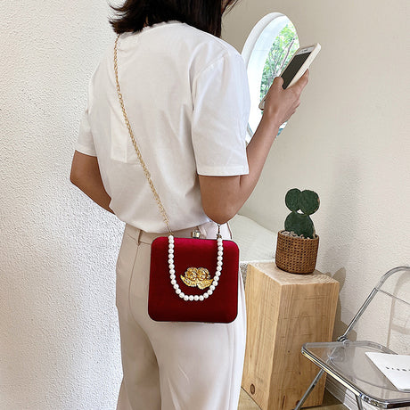 Fashion Red Velvet Pearl Chain Thin Chain Female Bag - Dazpy