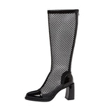 Women's  Fashion Round Toe Back Zipper Tall Net Black High Heel Boots - Dazpy