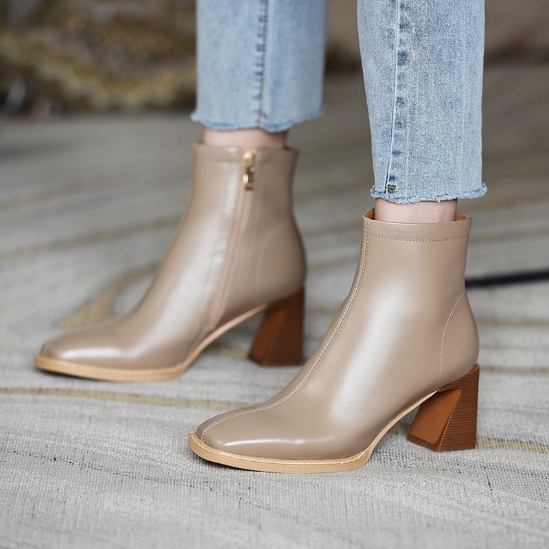 Chunky Heel Color Fashion Boots Side Zipper Low Tube High Heel Square Toe Martin Boots Fashion Ankle Boots - Dazpy