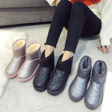Sequined Flat Snow Boots - Dazpy