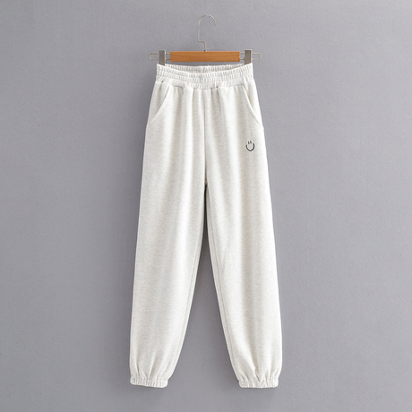 Embroidered Smiley Elastic Waist Solid Color Harem Pants