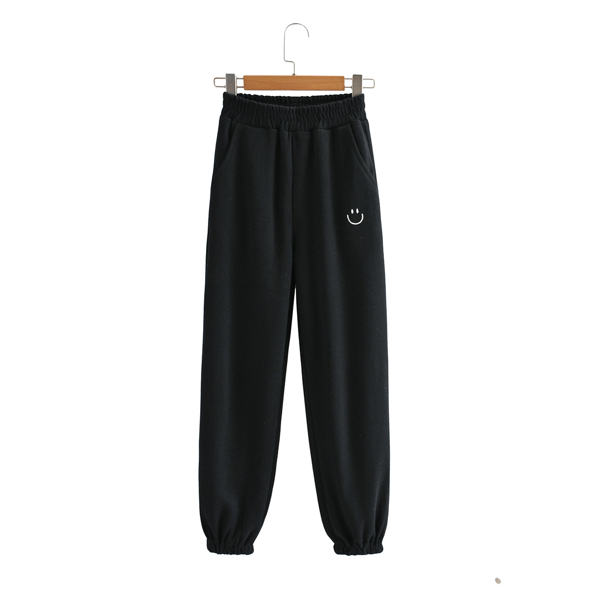 Embroidered Smiley Elastic Waist Solid Color Harem Pants