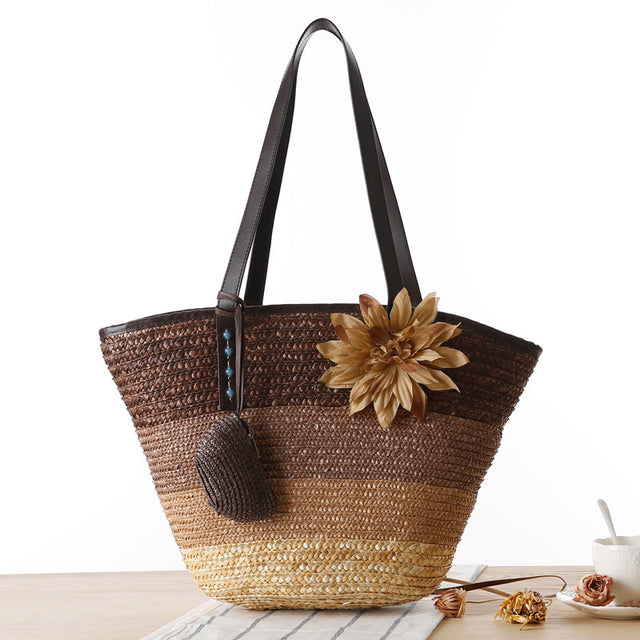 Korean Straw Plaited Son And Mother Beach Shoulder Bag - Dazpy