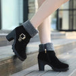 Belt Buckle Flanging High-heel Warm Women's Boots - Dazpy