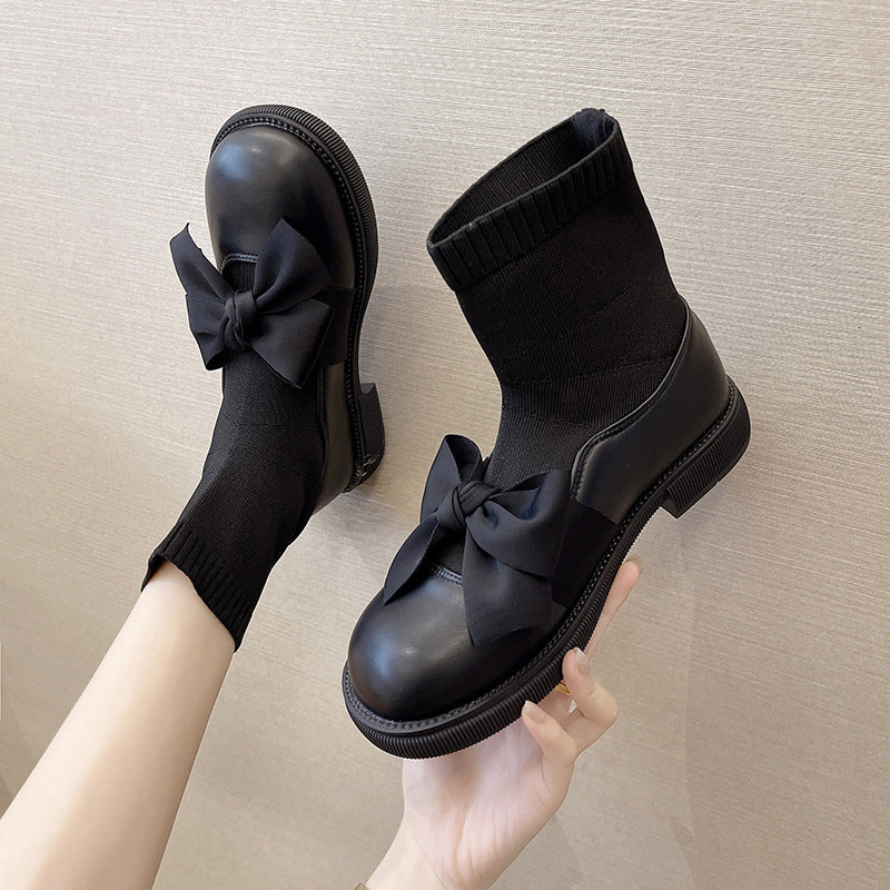 Bowknot Shaved Leather Wind Ankle Boots Flat Cloth Thin Skinny Socks Boots - Dazpy