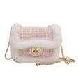 Checked Plush Side Small Gold Bead Metal Small Square Bag - Dazpy