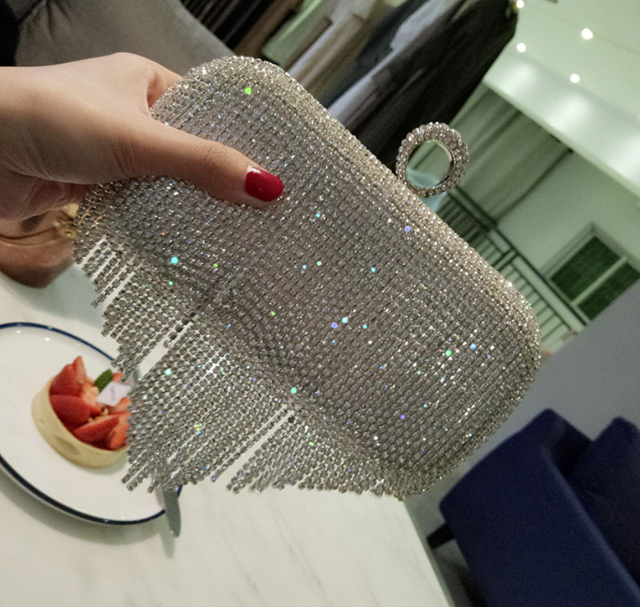 2021 new shiny diamond ladies fringed hand bag bag bag bag night party party bride Xiekua package - Dazpy