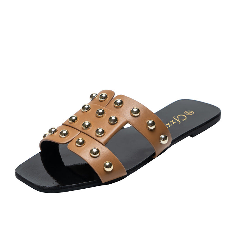 Fashion Rivet Sandals Women's Outer Wear Flat-bottomed Women's Slippers - Dazpy