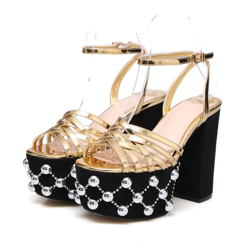 European And American Round Toe High Heels With Rivet Buckle Strap - Dazpy