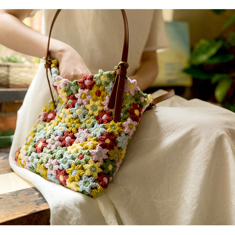 Floral Single Shoulder Bag Handmade Crochet Cotton Yarn Ball - Dazpy