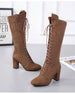 Thick with boots women's tube spring and autumn brown new bandage high-heeled boots in the long section high boots boots boots - Dazpy