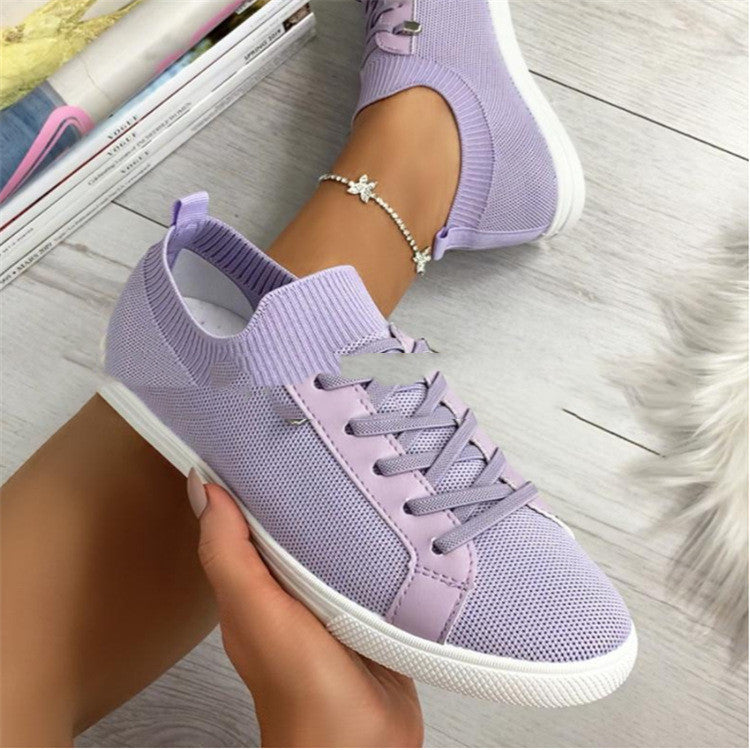 New Women's Shoes Round Toe Lace-Up Flat-bottomed Large Size Solid Color Breathable Shoes - Dazpy