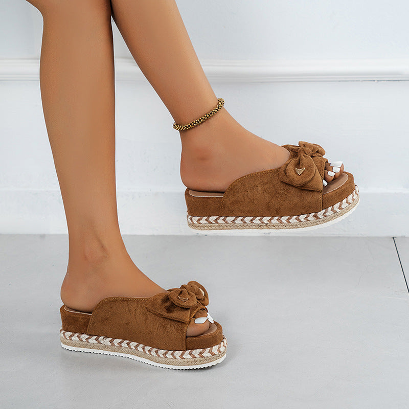 Bowknot Candy Color Straw Woven Bottom Fashion Casual One-shaped Sandals And Slippers - Dazpy