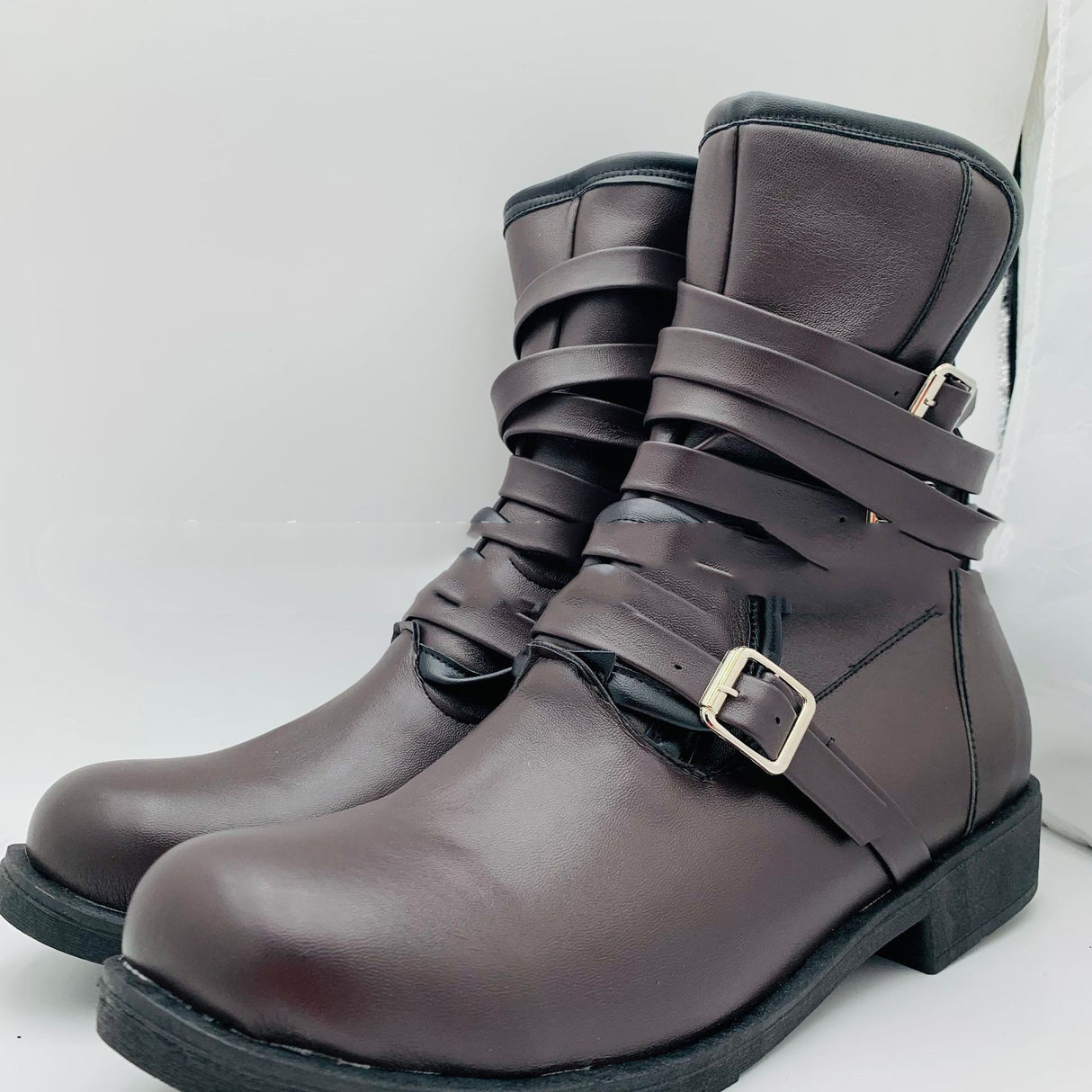 Round Toe Belt Buckle Side Zipper Chunky Heel Casual Men's Short Boots - Dazpy