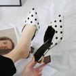 Women's Thick High Heel Square Toe Polka Dot Round Buckle Slippers - Dazpy