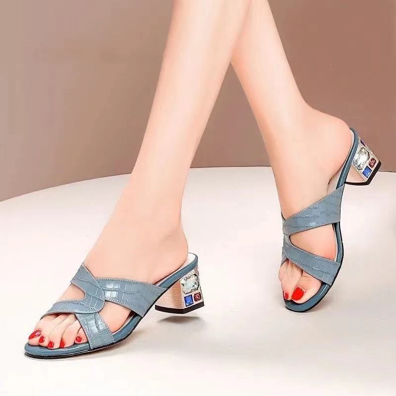 Mesh Mid-heel Sandals Women Waterproof Platform Fish Mouth Thick With Rhinestone Outer Wear - Dazpy