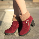 Belt Buckle Flanging High-heel Warm Women's Boots - Dazpy