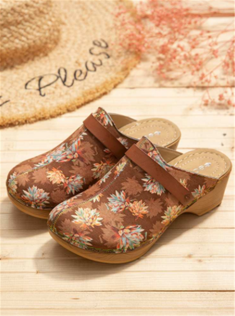 3D Maple Leaf Print Sandals Female Baotou High-heeled Wedge Sandals - Dazpy