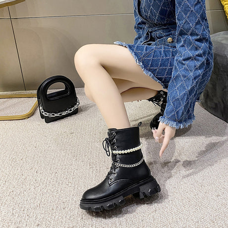Fashion Women's Pearl Chain Platform Ankle Boots - Dazpy