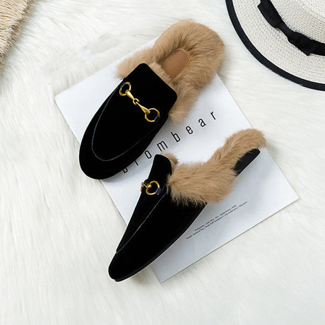 Flat-bottomed Rabbit Fur Baotou Half Slippers - Dazpy