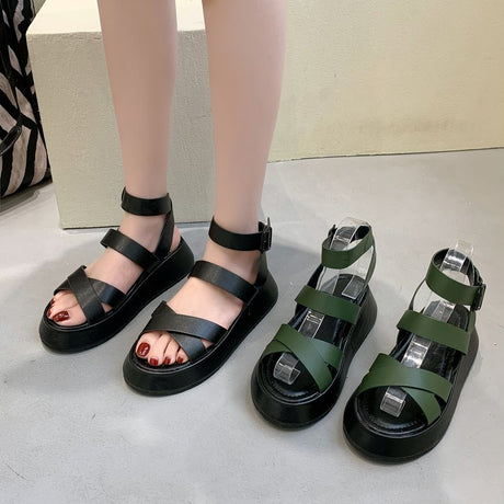 Thick-soled Heightened Roman Shoes Retro Round Head Thin Belt Buckle Sandals - Dazpy