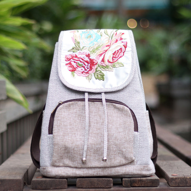 Women's Retro Flower Embroidery Cotton And Linen Backpack - Dazpy