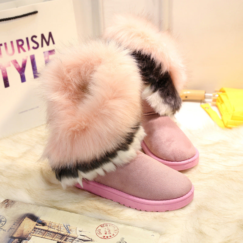 Winter Snow Boots Thick Fluffy Fox Fur Waterproof Non-slip Warm Cotton - Dazpy