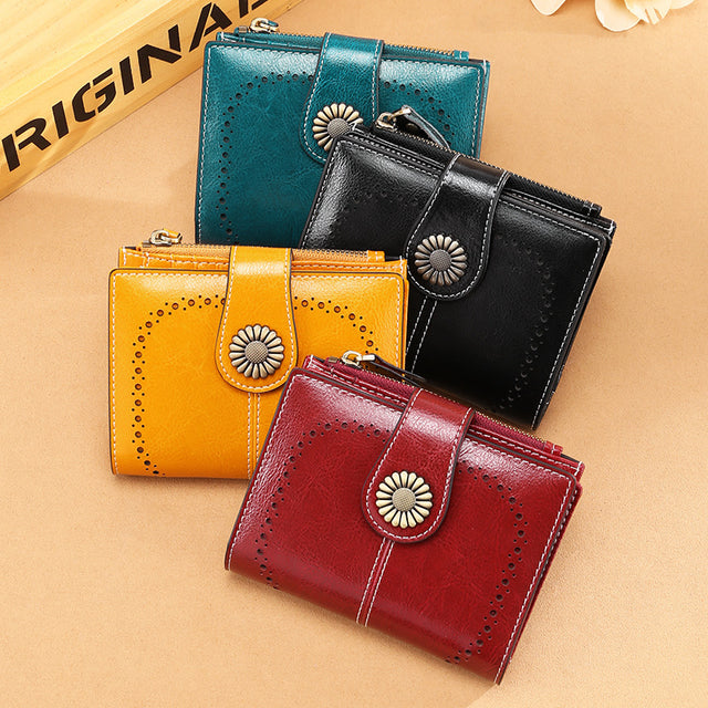 Wallet Women's Short Oil Wax Leather Zipper Card Holder - Dazpy