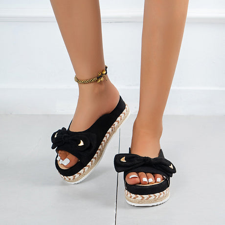 Bowknot Candy Color Straw Woven Bottom Fashion Casual One-shaped Sandals And Slippers - Dazpy