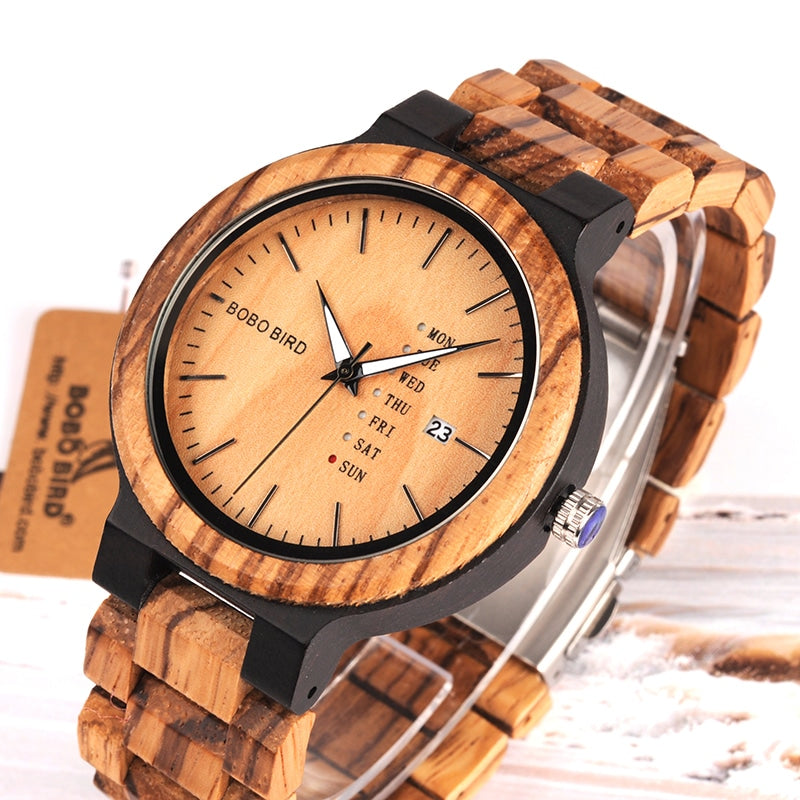 Men's Wooden Quartz Watch with Week Display - Dazpy