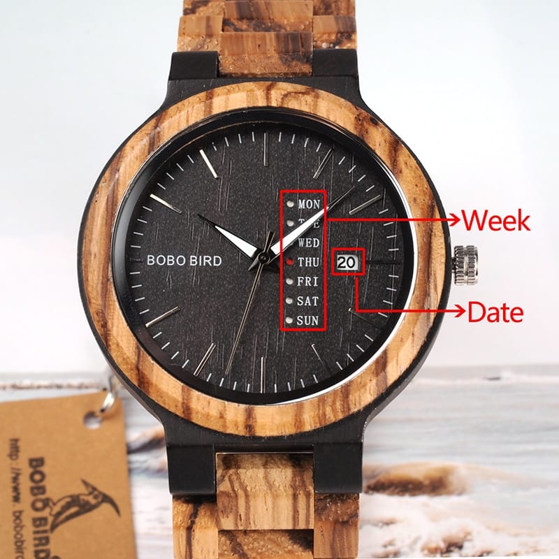 Men's Wooden Quartz Watch with Week Display - Dazpy