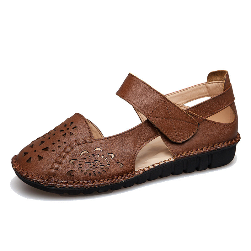 Leather Hole Shoes, Soft Bottom, Non-slip Flat Bottom, Middle-aged And Elderly Mother's Shoes, Baotou Sandals - Dazpy